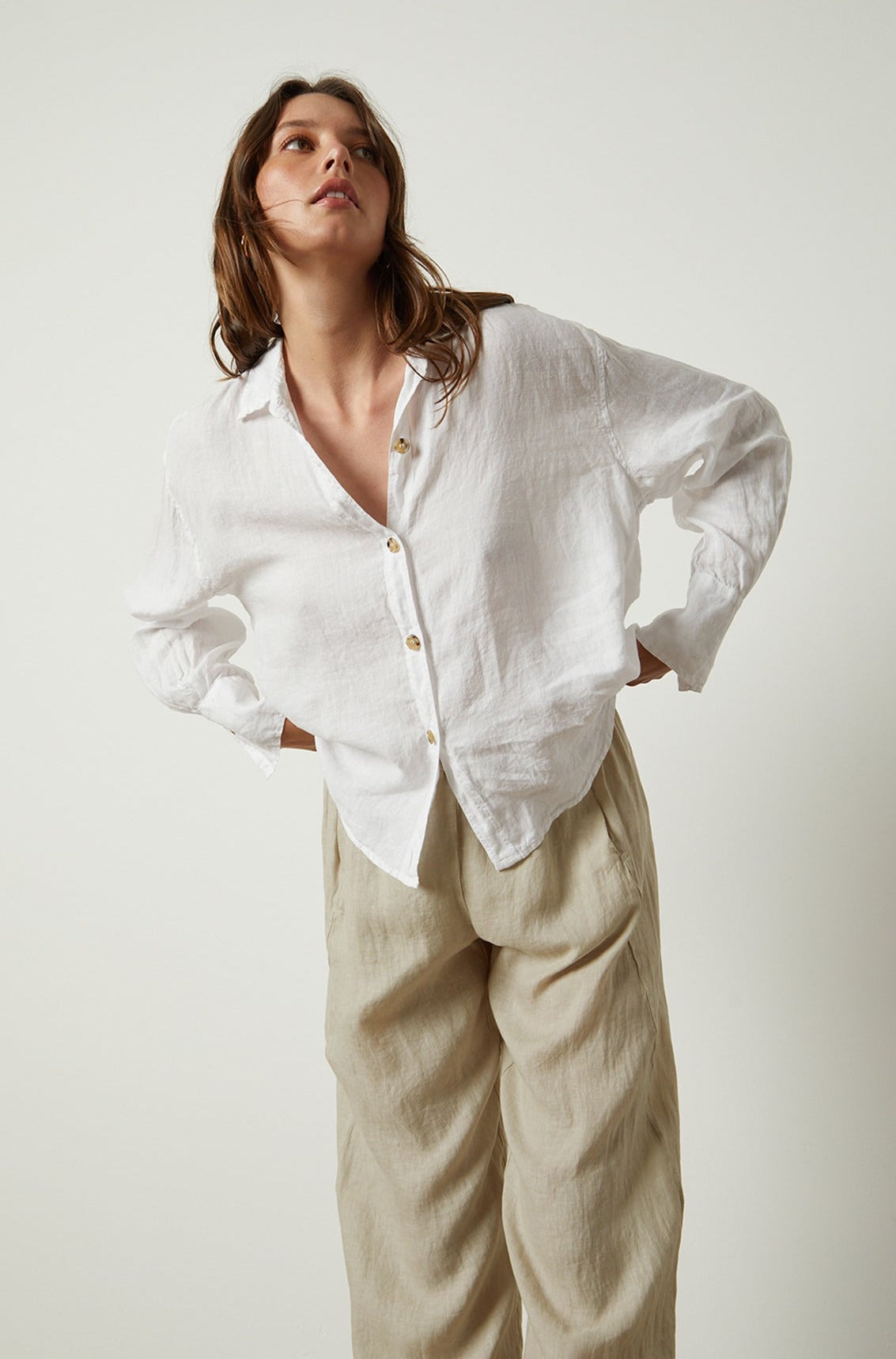   Eden button up shirt in white with Lola pant in cobble front 