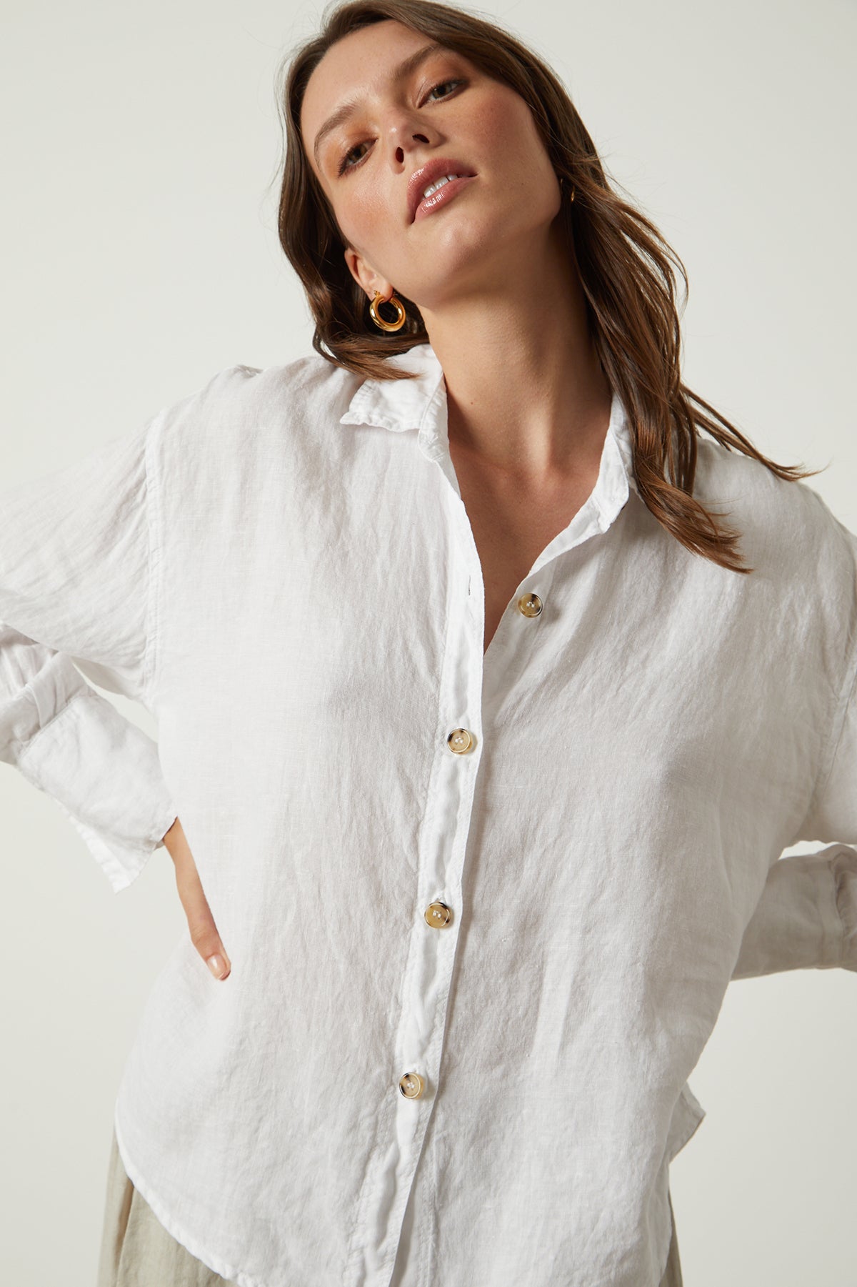   Eden button up shirt in white close up front 