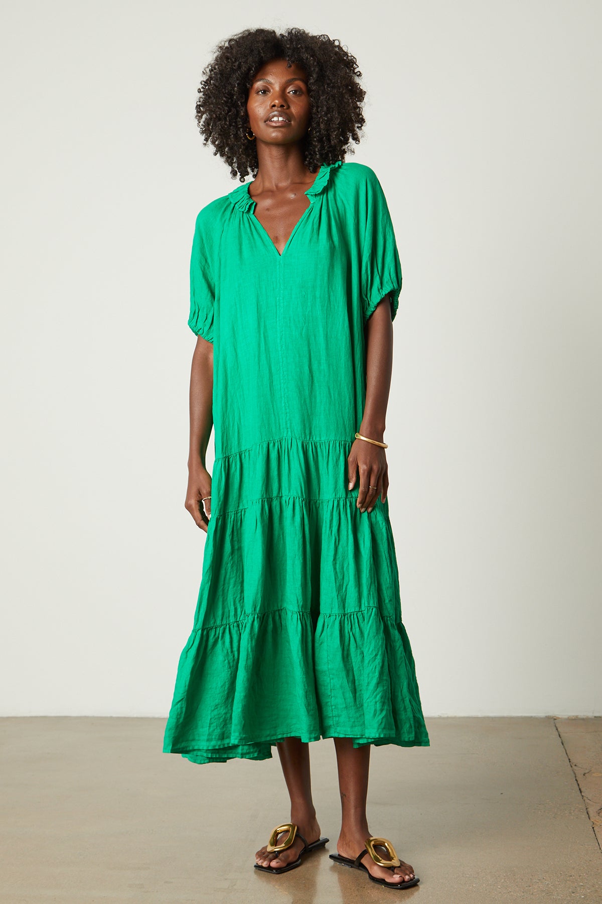   Karina dress untied in bright green jade and sandals full length front 