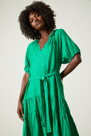 Karina dress with tie in bright green jade close up  front
