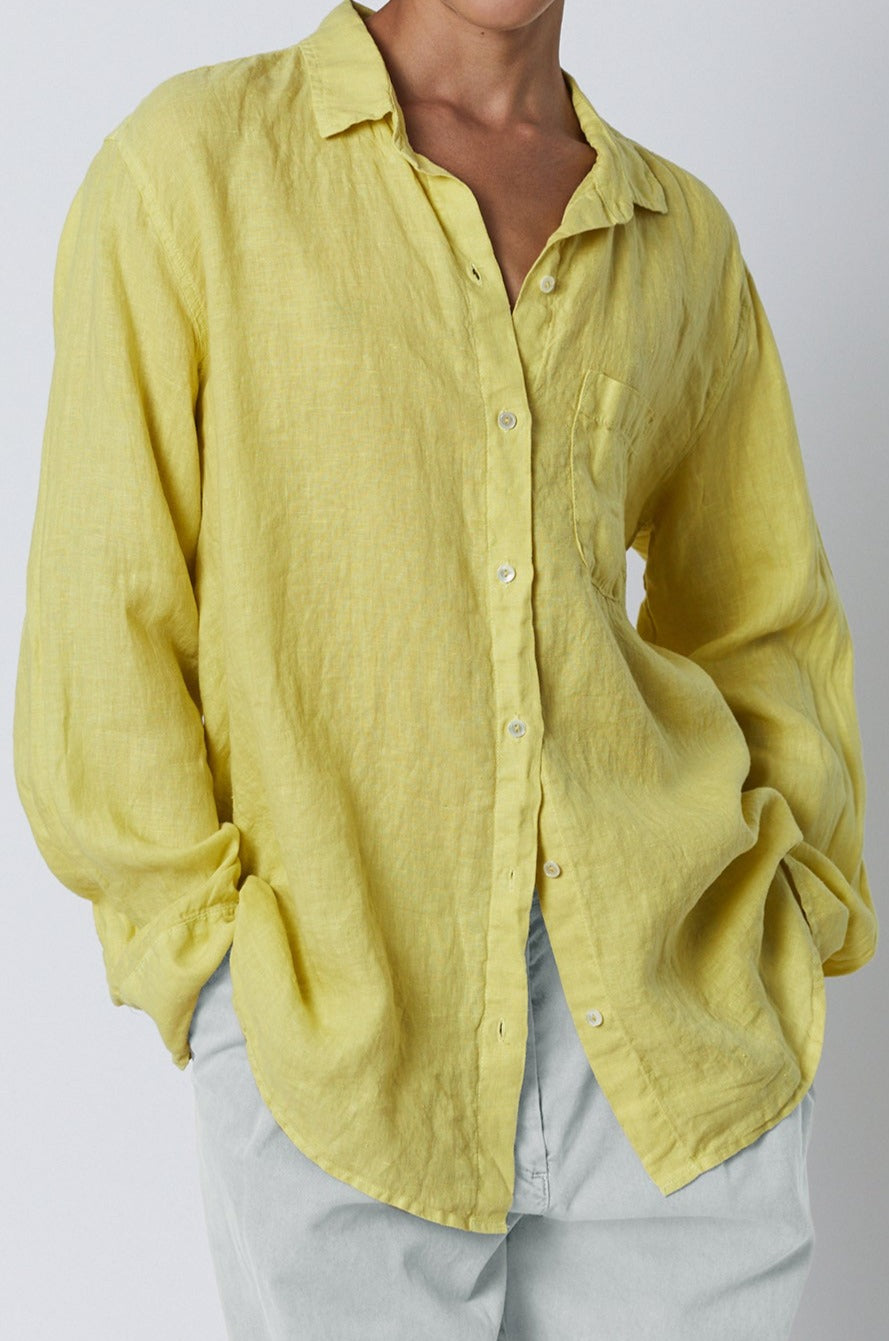   Mulholland Button Up Linen Shirt in lemon with Temescal Pant in candle front 