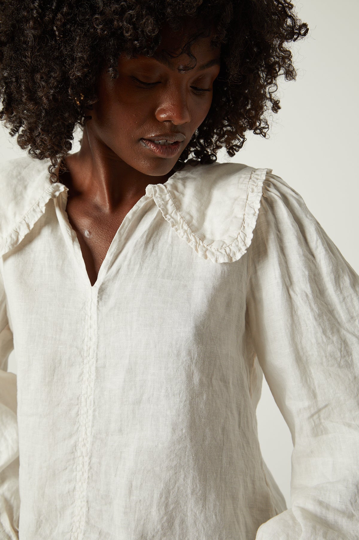 Sofia linen top in beach close up front detail-26079070421185