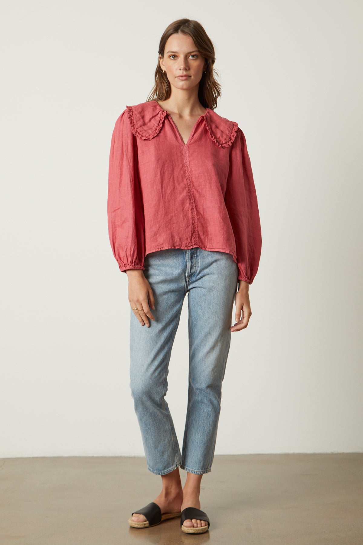 Sofia linen top in punch with light blue denim and black slides full length front-26079070486721