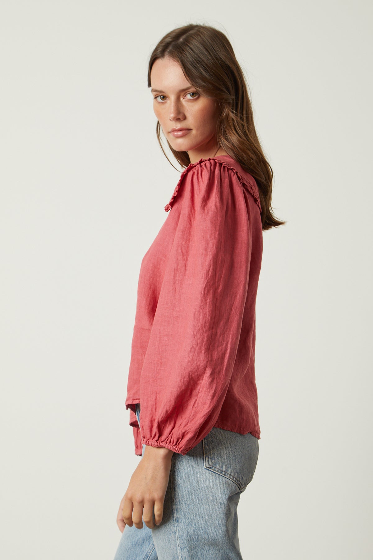   Sofia linen top in punch with light blue denim side 