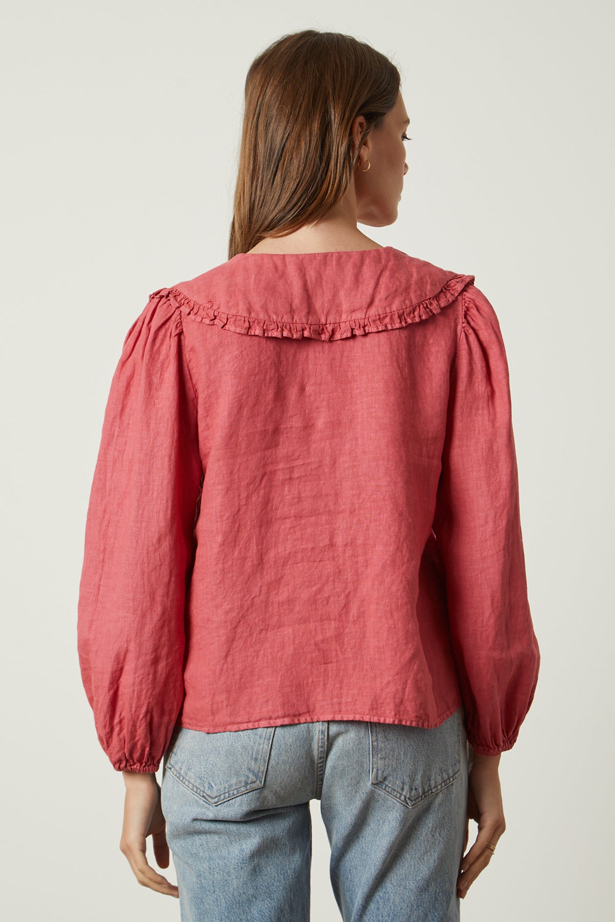   Sofia linen top in punch with light blue denim back 