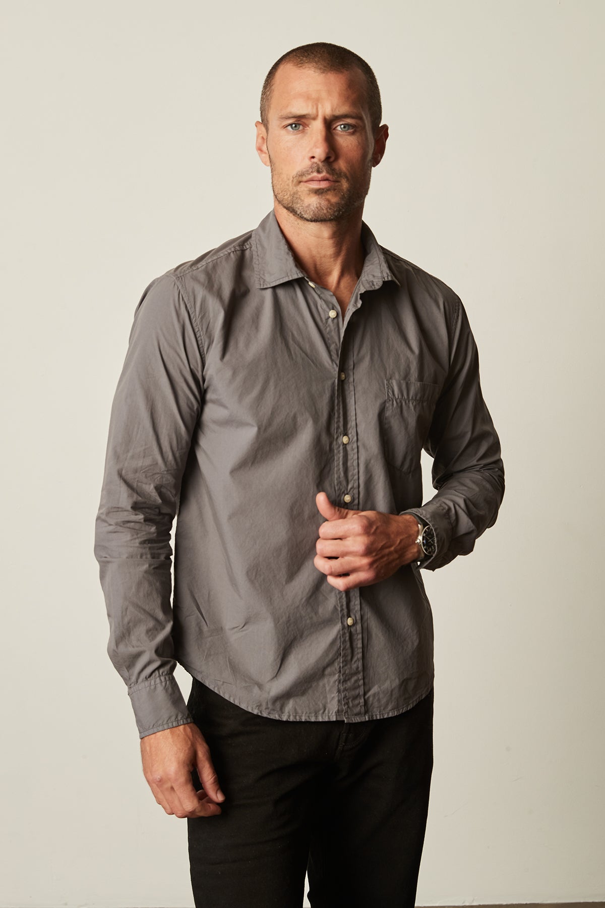   Brooks button up woven shirt in carbon with black denim 