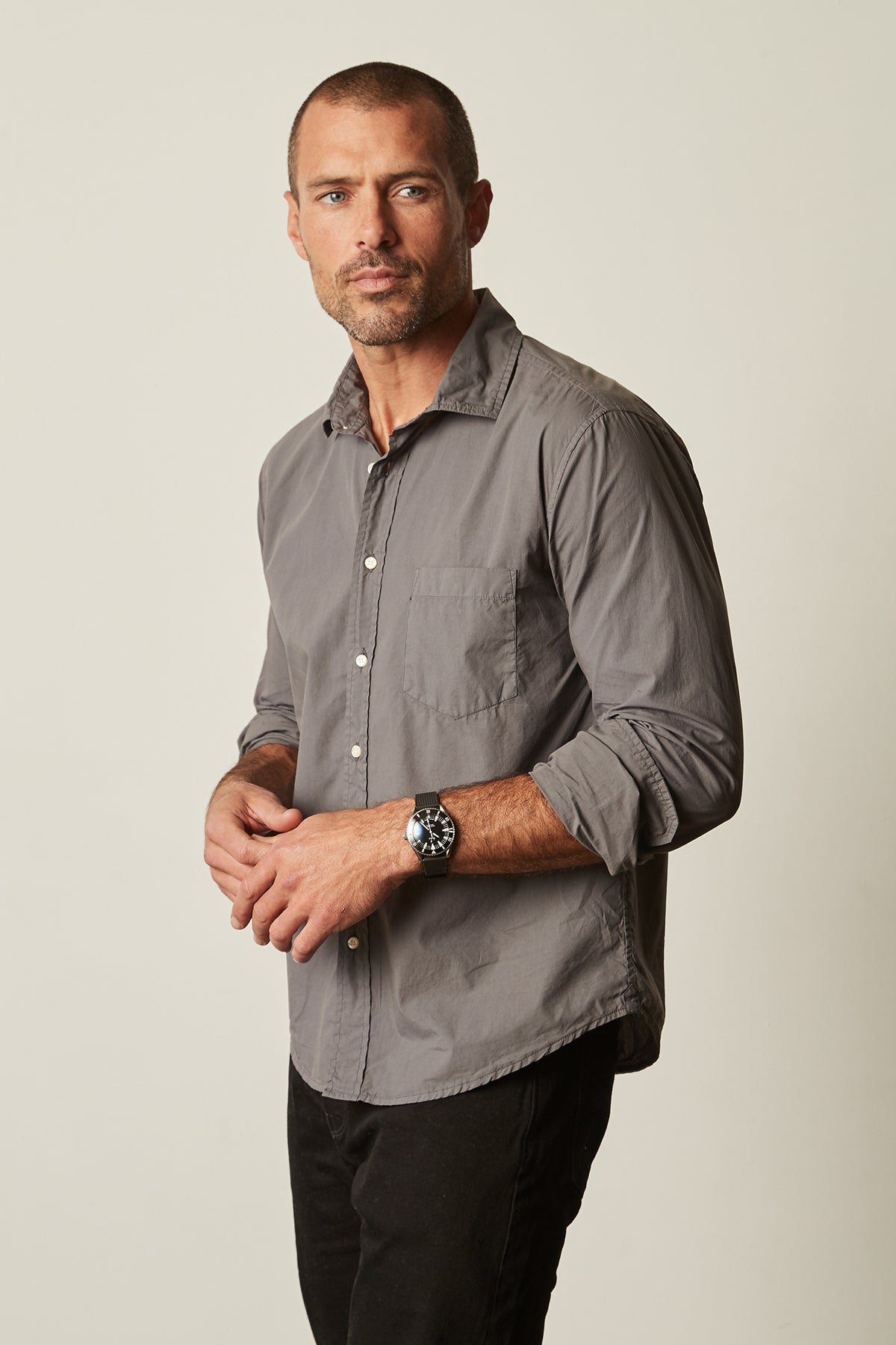 Brooks button up woven shirt in grey carbon color-24983593124033