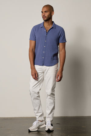 Christian Shirt in citadel blue with white denim full length front
