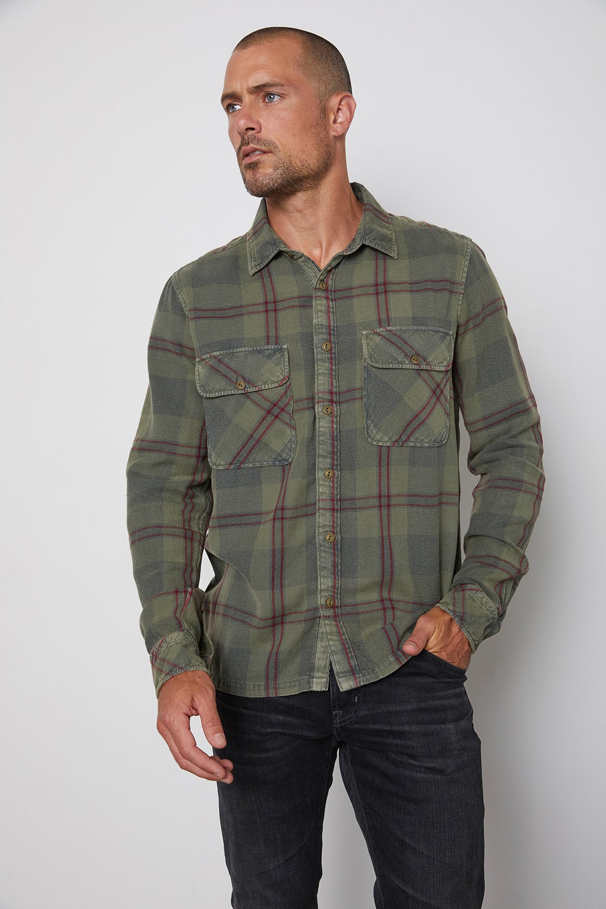   kirk button up shirt olive front 