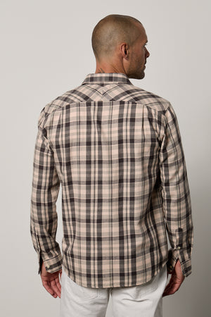 the back view of a man wearing a Velvet by Graham & Spencer Leonard Plaid Button-Up Shirt.